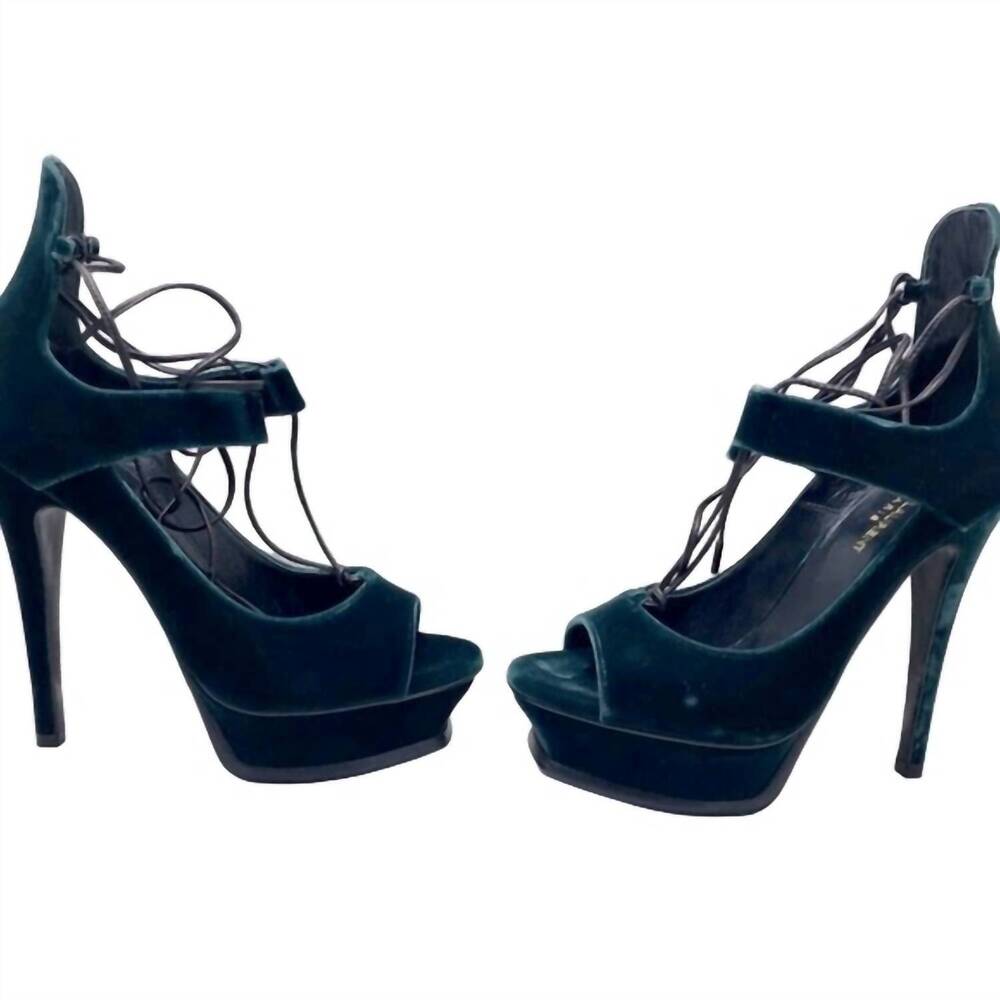 NEW SAINT LAURENT women's velluto master platform heeled sandals in emerald - Picture 3 of 3